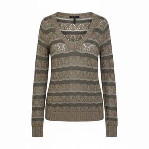 Guess Striped Wool Blend Open Knit Metallic V-Neck Sweater Taupe Gray Size Small